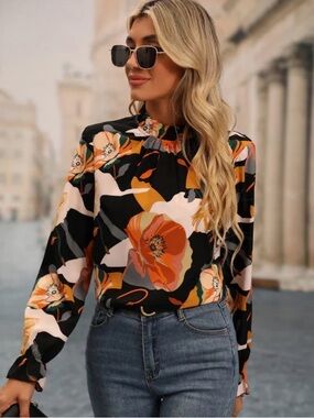 Floral Mock-Neck Blouse - Black & Orange